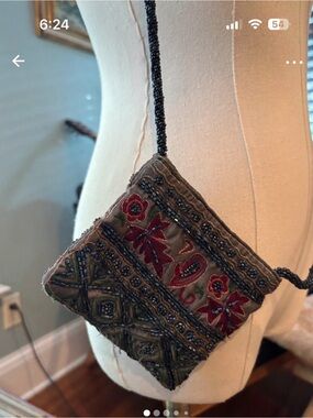 Vintage Beaded Evening  Crossbody Bag - deep gray beading with Red Floral Accent